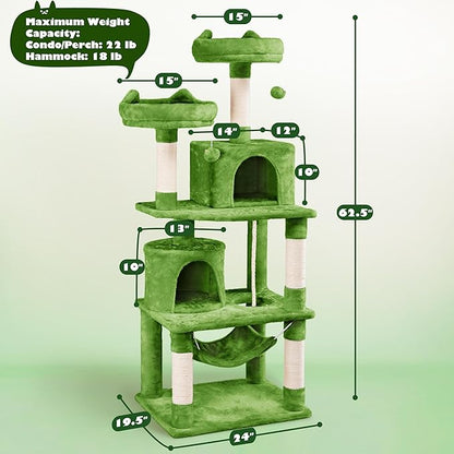 Yaheetech 62.5inches Cat Tree Cat Tower Kitten Condo with Platform & Hammock, Scratching Posts for Kittens Pet Play House with Plush Perch for Indoor Activity Relaxing, Green