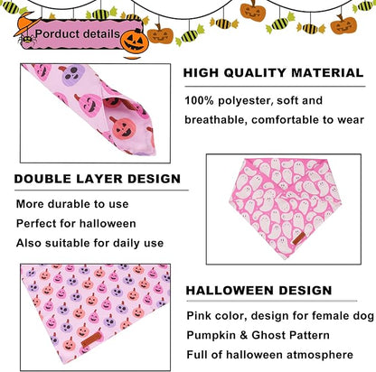 ADOGGYGO Pink Halloween Dog Bandanas 2 Pack, Reversible Ghost Pumpkin Scarf Bib, Adjustable Fit Pink Halloween Bandana for Small Dogs Girl (Small)