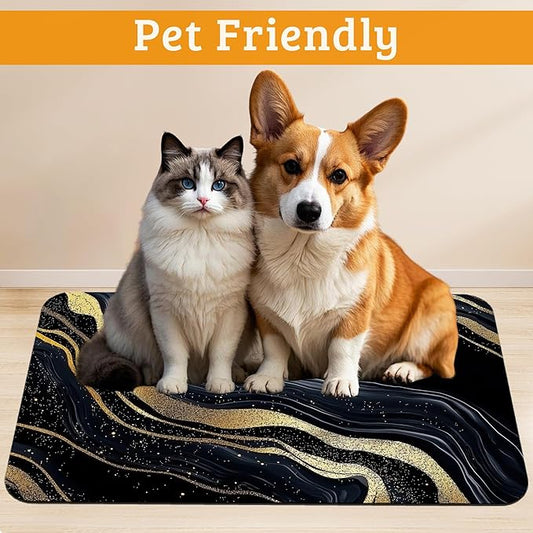 Dog Bowl Mat,Abstract Marbled Pet Feeding Mat for Floors Waterproof,Gold Black Absorbent Dogs Placemat for Food and Water Quick Dry Pet Cat Feeding Mats with Non Slip Bottom 12" x 20"