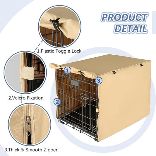 Dog Crate Cover - Double Door Waterproof Pet Kennel Cover, Durable 600D Polyester Protective Cage Cover for 24/30/36/42/48 Inch Dog Crate - Beige