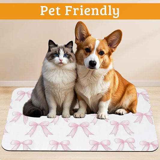 Pet Feeding Mat,Pink Bows Absorbent Dog Cat Food Mat Cute Dog Mat with Rubber Backing,Non-Slip Water Bowl Placemat,Pet Supplies 12" x 20"