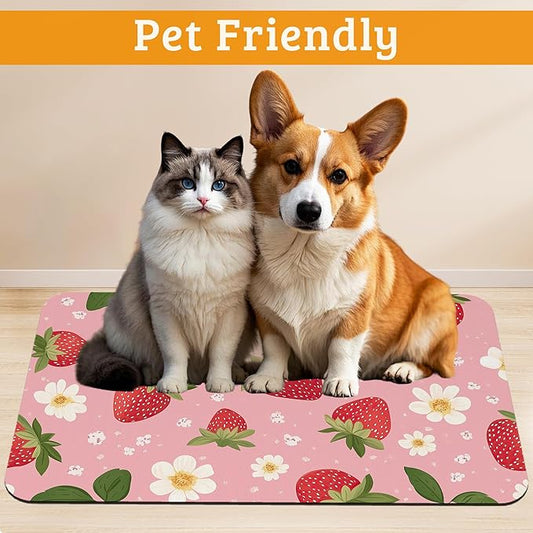 Dog Bowl Mat,Strawberry Pet Feeding Mat for Floors Waterproof,White Daisy Absorbent Dogs Placemat for Food and Water Quick Dry Pet Cat Feeding Mats with Non Slip Bottom 12" x 20"