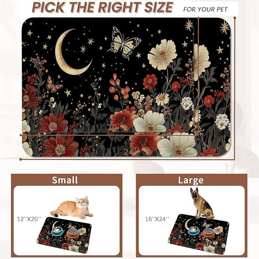 Moon Butterfly Pet Feeding Mat,Vintage Garden Luxury Absorbent Quick-Dry Cat Dog Food and Water Bowl Mats,Non-Slip Rubber Backing Mat,Cat Dog Accessories Supplies 12"x20"