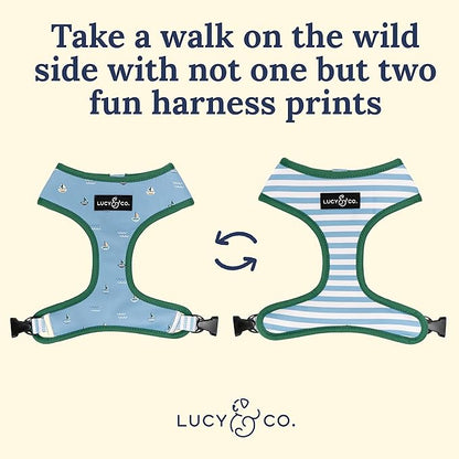 Lucy & Co. Set Sail Reversible Harness, Walking Halter - Best Designer Pet Harnesses for Small Dogs - Padded Adjustable Vest for Easy Walking, X-Small, Blue & White Stripes & Sailboats