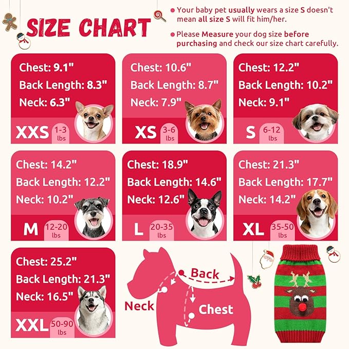 Dog Cat Christmas Sweater Boy Girl Ugly Reindeer Xmas Pet Clothes Holiday Puppy Costume New Year Gifts for Small Medium Large Dogs Outfits (XXL, Red Green Stripe Reindeer)