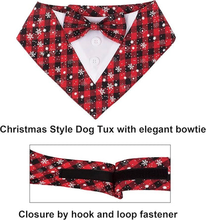 ADOGGYGO Christmas Dog Tuxedo Bandana, Red Plaid Pet Chritstmas Tux with Bowtie Adjustable Christmas Formal Costume for Extra Large Dogs Pets (XL)