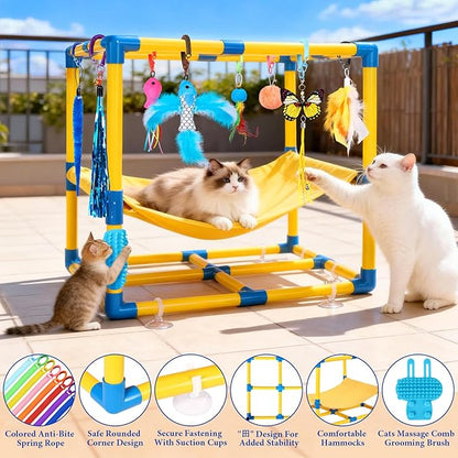 Cat Jungle Gym With Hanging Interactive Toys,Hammock Cat Activity Center For Kittens With Cat Self Groomer,Removable PVC Frame With Colored Spring Rope, Cat Enrichment Toys For Bored Indoor Adult Cats