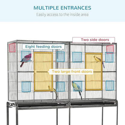 PawHut 65" Double Rolling Metal Bird Cage with Divider, Large Parrot Cage for Parakeet, Canaries, Lovebirds, Budgie, Finch, with Detachable Rolling Stand, Storage Shelf, Wood Perch & Food Container