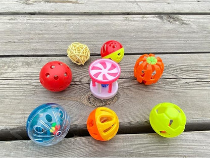 8pcs Bird Cat Ball Toys with Bell Colorful Parakeets Foot Talon Training Set Conures Feeder Toys Cockatiel Chewing Rattle Balls Parrot Cage Activity Toy for Budgie Playgym Birdcage