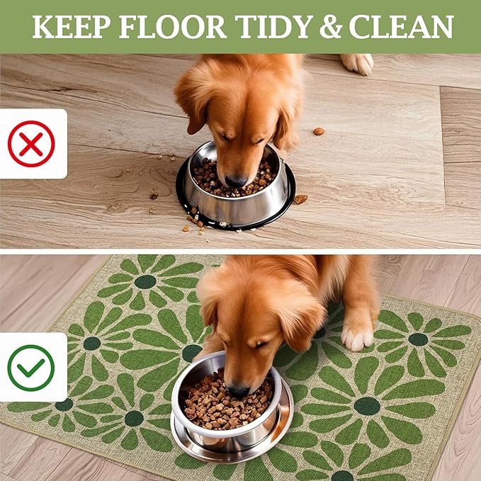 SHIYUE Dog Food Mats for Floors, Absorbent Cat Bowl for Food and Water, Non-Slip Accessories Pet Supplies(12"x20",Green Flower)
