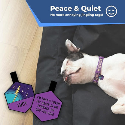 GoTags Silent Dog Tag, Personalized Engraved Hexagon Silicone Dog and Cat Name Pet ID Tags, Soundless No More Jingling Dog Tags (Mountain Purple)