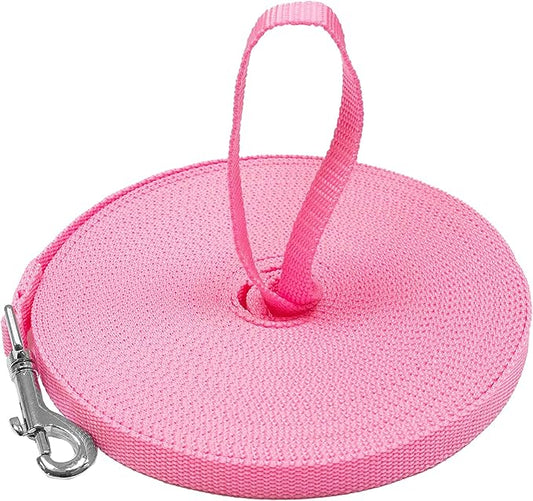 Downtown Pet Supply - Long Dog Leash - 15 ft Pink Nylon Dog Training Leash for Recall & Obedience
