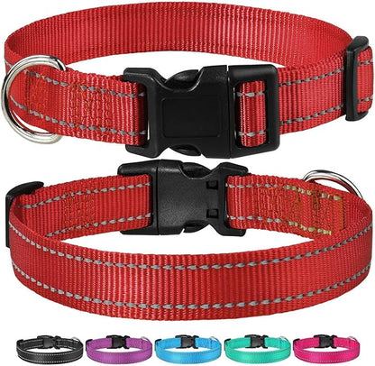 Reflective Dog Collar with Buckle Adjustable Safety Nylon Collars for Small Medium Large Dogs, Red M