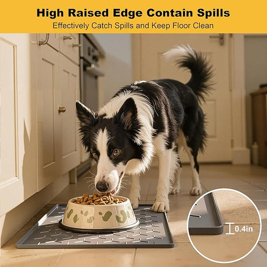 Pieviev 24''x16'' Dog Cat Food Bowl Mat, Silicone Waterproof Food Grade Pet Food Mat for Floor, High Raised Edge to Prevent Spills, Non-Slip & Easy Clean Pet Placemat for Dog & Cat Bowls, Dark Gray