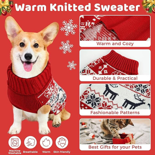 Dog Christmas Sweater, Soft Warm Pet Clothes Coat for Small Medium Large Dogs and Cats Boy Girl, Fall Cozy Holiday Turtleneck Knitting Collar Pullover Pup Outfit Costume for Thanksgiving New Year