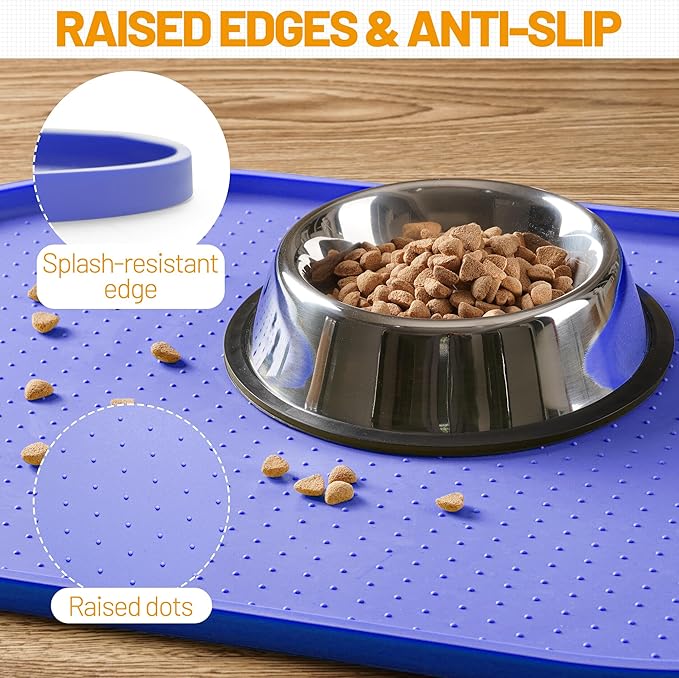 Hubulk 100% Waterproof Silicone Pet Feeding Mat with Raised Edge for Food and Water, Dog Bowl Mats, Cat Bowls Placemat with High Lip Protects Floor for Cats and Dogs (Purple, 24" L x 16" W)