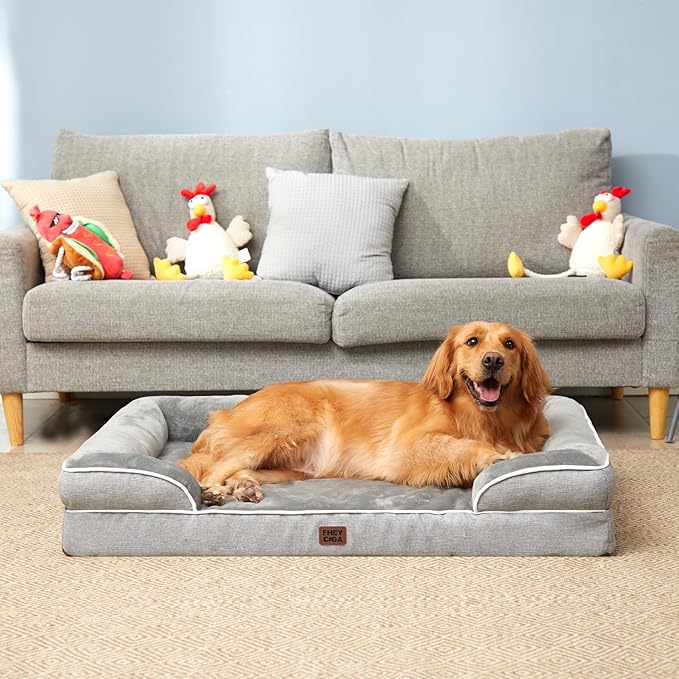 EHEYCIGA Orthopedic XL Dog Beds, Waterproof Memory Foam Dog Bed for Extra Large Dogs, Non-Slip Bottom and Egg-Crate Foam Big Pet Couch Bed with Washable Removable Cover, Grey