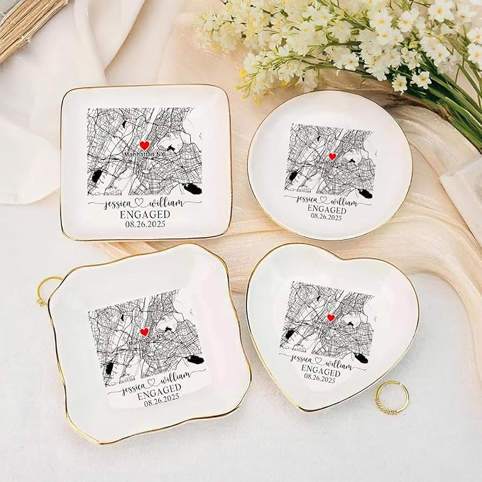 Custom Location Map Engaged Ring Dish Engagement Gift, Jewelry Tray Gifts for Newly Engaged Couple, Ring Holder Dish Wedding Anniversary, Trinket Dish for Her Bride Wife