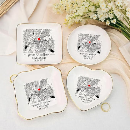 Custom Location Map Engaged Ring Dish Engagement Gift, Jewelry Tray Gifts for Newly Engaged Couple, Ring Holder Dish Wedding Anniversary, Trinket Dish for Her Bride Wife
