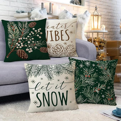 Fahrendom Winter Vibes Green Decorative Throw Pillow Covers 18 x 18 Set of 4, Let It Snow Pine Cones Needle Berry Porch Patio Outdoor Pillowcase, Christmas Seasonal Sofa Couch Cushion Case Home Decor