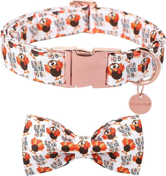 Thanksgiving Dog Collar with Bow Tie, Turkey Cotton Bowtie Collar for Puppy Girl Dog or Cat, Autumn Bow Tie Collar with Durable Metal Buckle, Turkeys Pet Collar, L, Neck 16-24in