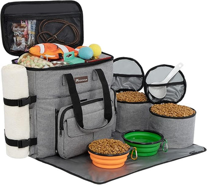 Modoker Dog Travel Organizer with 2 Collapsible Bowls for Supplies & Accessories, Airline Approved Dog Tote Pet Travel Bag with 2 Travel Food Container