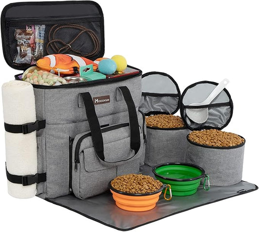 Modoker Dog Travel Organizer with 2 Collapsible Bowls for Supplies & Accessories, Airline Approved Dog Tote Pet Travel Bag with 2 Travel Food Container
