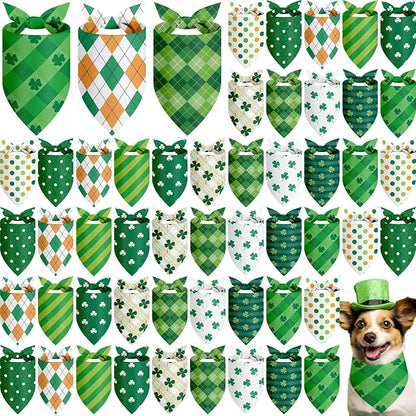 Weewooday 50 Pcs St Patricks Day Bandanas Bulk for Dogs Adjustable Irish Shamrocks Clover Green Plaid Triangle Soft Bibs Puppy Bandana for Small Medium Large Cat Pet Costume(25.6 x 17.7 x 17.7 Inch)
