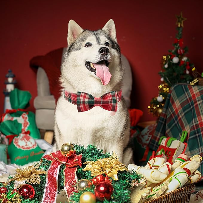 Christmas Plaid Dog Collar with Bow Tie– Adjustable Red & Green Checkered Dog Collar for Small Medium Large Dogs, Soft Xmas Plaid Puppy Collars with Quick Release Buckle XS