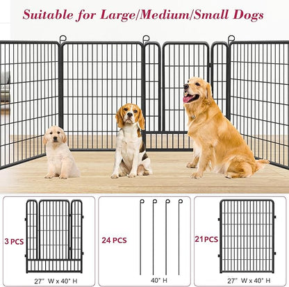 Dog Playpen 40 inch Dog Fence for Outdoor Indoor Use Heavy Duty Metal Dog Pen for Large Dogs, Rustproof Pet Playpen Portable Pet Fence Outdoor for Yard, RV Camping, Customizable, 24 Panels