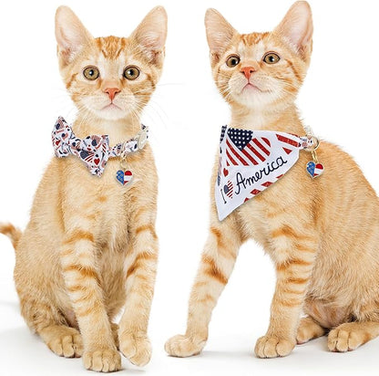 Faygarsle 2 Pack Patriotic Pet Collar Set with Bandana and Bow Tie, American Flag Pattern, White and Navy