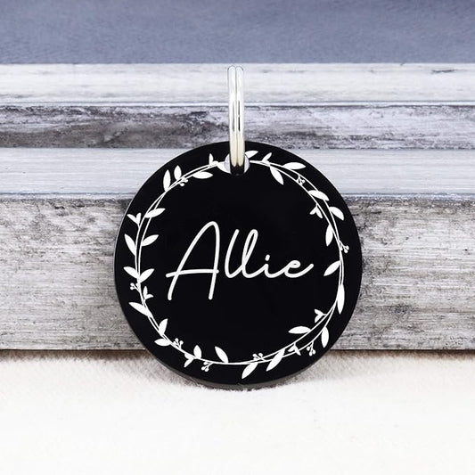 UltraJoys Stainless Steel Pet ID Tag Dog Name Tags Personalized Front and Back Engraving, Customized Dog Tags and Cat Tags, Optional Engraved on Both Sides, Round Tag with Vine Design 2, Large Black