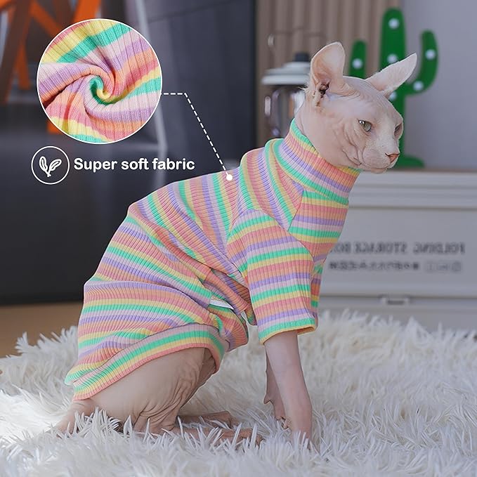 PUMYPOREITY Sphynx Cat Clothes: Soft, Stretchy Rainbow Sweater & Turtleneck Pullover Jumpsuit - XL