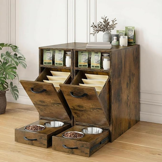 DWVO 30.6" Dog Feeding Station with Storage, Tilt-Out Dog Food Cabinet with 4 Feeder Bowls, Pull Out Elevated Dogs Bowl, Rustic Brown