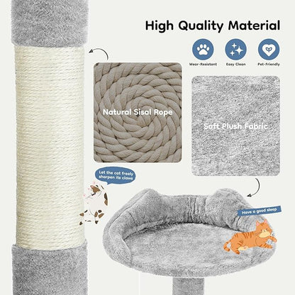 DUMOS 54-inch Indoor Cat Tree Tower –Multi-Level Pet House for Large Cats with 2 Condos, Scratching Posts, Round Platform, Small Ladder, and Toys, Light Grey