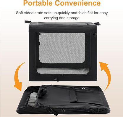 Dog Travel Crate 42 Inch, Portable Soft-Sided Travel Carriers for Dogs and Cats, Foldable Pet Kennel with 3-Doors Mesh Windows Indoor & Outdoor, Black