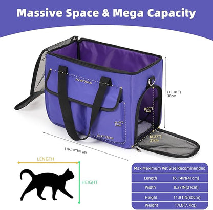 Cat & Dog Carrier for Pets Up to 15 Lbs, Airline Approved Soft-Sided Collapsible Pet Carrier for Cats & Dogs, Cat Carrier with Breathable Mesh, Padded Interior – Ideal for Car Rides, Daily Use(purple)