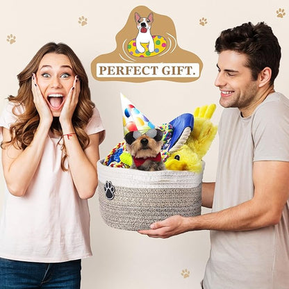 Zopeal Puppy Dog Toy Gift Storage Basket with Dog Toys Set Chew Toys Birthday Gift Basket Teething Interactive Squeaky Duck for Teething Small Medium Large Dogs(Khaki)