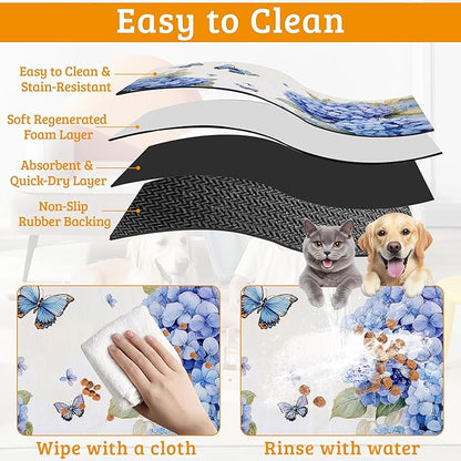 Pet Feeding Mat,Blue Hydrangea Absorbent Dog Cat Food Mat Butterfly Floral Dog Mat with Rubber Backing,Non-Slip Water Bowl Placemat,Pet Supplies 12" x 20"