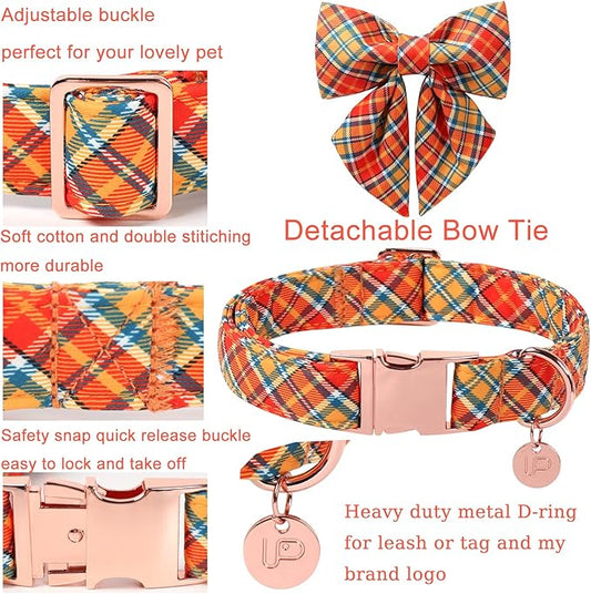 Autumn Plaid Dog Collar and Bow Tie Set – Orange Yellow Checkered Adjustable Fall Collar with Maple Leaf Charm for Small Medium Large Dogs, Soft Cotton Pet Collars with Buckle and D-Ring