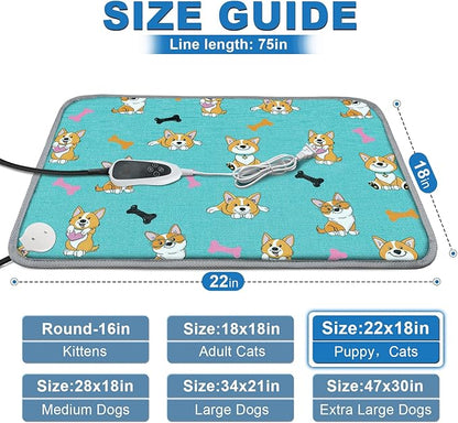 Cat Heating Pad,22x18 in Heated Cat Bed,Adjustable Thermostat+Constant On Function,with Metal Protective Tube Waterproof Puppy Heating Pad - Blue