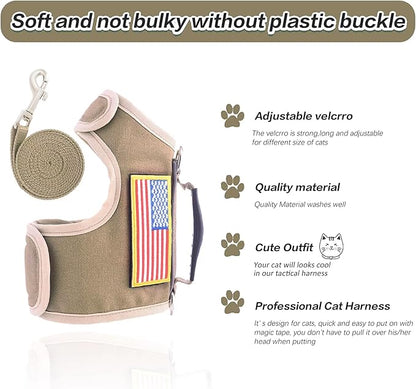Tactical Cat Harness and Leash for Walking Escape Proof, Adjustable Cat Walking Jackets, Padded Stylish Cat Vest, Khaki, X-Large