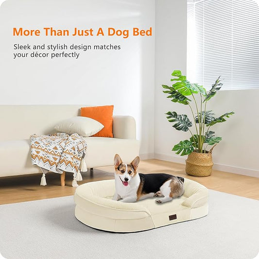 Dwanton Orthopedic Dog Bed for Medium Dogs with Gel Memory Foam, Waterproof Dog Sofa, Washable Pet Bed with Four Sided Bolster Cushion, Removable Cover & Non-Slip Bottom, 35", Beige