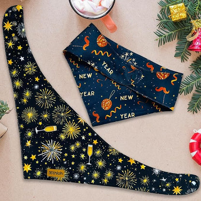 Happy New Year Dog Bandanas with Snap Button, 2 Pack Adjustable Bandanas for Small, Medium, and Large Dogs, Pet Scarf for Holiday Costume Accessory & Photo Shoot (Large)