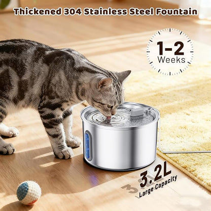 Cat Water Fountain Stainless Steel, 3.2L Cat Fountains for Drinking with Smart Quiet Pump and Water Level Window, Easy-to-Clean Automatic Pet Water Dispenser for Indoor Use, 2 Filters