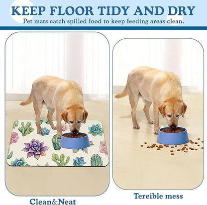 Cactus Flower Pet Feeding Mat for Floors–Christmas Stocking Absorbent Quick Dry Dog Cat Bowl Mat for Food and Water, Non Slip Waterproof Base, Mess-Free Feeding Accessories 12"x20"