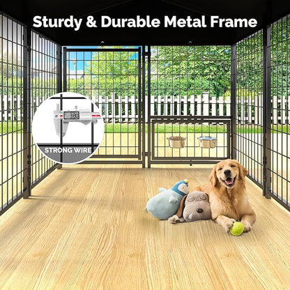 Sino Luban Outdoor Dog Kennel Outside Run with Doggy Door, Swivel Feeder&Roof - 5x5x5FT Large Dog Kennels Pens Outside for Medium/Large Dogs - Heavy Duty Cage Yard (Can Connect to Your Dog House)