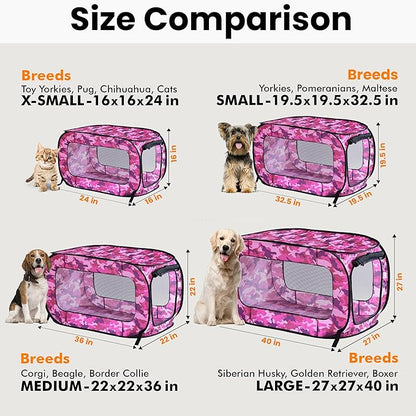 Beatrice Home Fashions Portable, Collapsible, Pop Up Kennel Travel Cat and Dog Crate, 36" L x 22" W x 22" H, Camo Pink