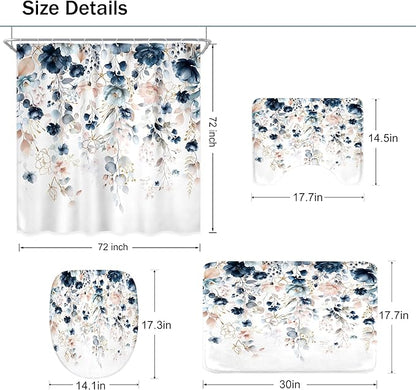 4 PCS Navy Blue Floral Flower Shower Curtain Set 72Wx72H Inch Watercolor Pastel Plant Complete Bathroom Set Non-Slip Bath Rug Toilet Lid Cover and U Shape Mat Accessories 12 Hooks Bathoom Decor