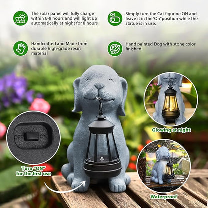 Solar Dog Garden Statue with Lantern, Outdoor Waterproof Dog Figurine Decor for Patio Yard Lawn, Dog Lover Gifts for Women Mom Grandma, Housewarming Gift